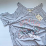 NWT Living Doll ‘American Rogue Riders’ biker cold shoulder gray shirt, size L