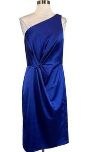 Women's Cocktail Dress Size 14 Blue Satin One Shoulder Midi Sheath