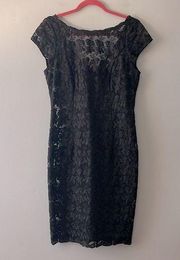 Vintage Black Lace Body Con Dress Sheer Sheath Floral Short Sleeve V Back Size 8