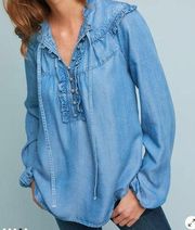 Anthropologie Maeve Ruffled Chambray Pop Over Blouse Size Small