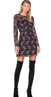 CYNTHIA ROWLEY Linden Purple Black Lace Floral Bell Sleeves Mini Dress Size 4