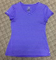 Now Athletic Semi Fitted V- neck Purple Striped Short Sleeve Shirt Size Medium