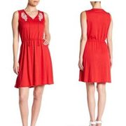 Joe Fresh Dress XL Bright Red White Embroidery Keyhole Tassel Tie Closure New