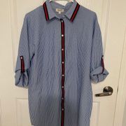 Love J Women's Roll-Tab Sleeve Button Front Striped Blouse Size L Blue Red