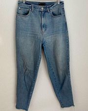 light blue high rise balloon jeans with raw hem, size 28 / 6