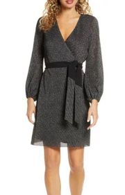 SAM EDELMAN Sparkle Long Sleeve Faux Wrap Dress In Black