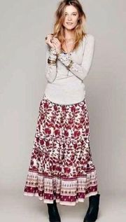 Jen’s Pirate Booty x Free People Floral Boho Smocked Maxi Skirt Burgundy Multi S