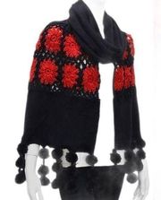 NWT  Elegant Essence New York huge boho crocheted floral pompom scarf wrap