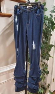 Vibrant Womens Stacked Blue Denim Rayon Distressed Pockets Pull On Jeans Large