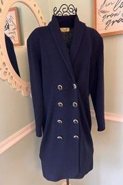 St John Blue  Long Jacket Coat Double breasted logo buttons size 8 Knit