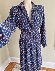 VINTAGE Leslie Fay 1970’s blue floral 1/2 button collar retro pleated dress