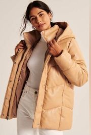 Abercrombie Ultra Mid Length vegan leather puffer- Tan winter coat puff small