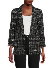 Nanette Lepore Tweed Open Front Blazer Black & White 3/4 Sleeves Size L