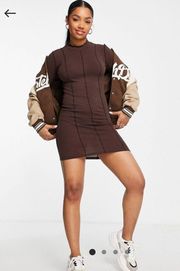 Pull&Bear ribbed long sleeved mini dress with seam details in brown size M