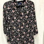 Kaari Black Pink White Floral 3/4 Sleeve Blouse V Neck with Tie Size 1X