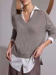 Brochu Walker The Looker Layered V-Neck Sweater Wool Cashmere Brown White Medium