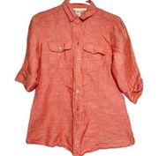 Max Studio Linen Top long sleeve button up Salmon Orange Small