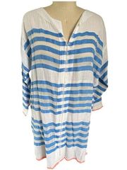 Lemlem Striped Cotton Cover-up Blue & White w/ Orange Trim Size Large