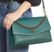 TORY BURCH KIRA MIXED-MATERIALS DOUBLE-STRAP SHOULDER BAG GREEN GOLD