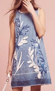 Anthropologie Holding Horses Denim Leaves Appliqué Mini Shift A-line Dress, XS