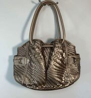 Cole Haan Women's Brown Gold Basket Weave Woven Leather Metallic Handbag