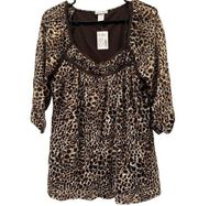 New Fashion Bug Blouse XL Extra Large Animal Print Brown Tan White Polyester Net