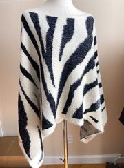 Women's Zebra Print Knit Poncho Sweater Eyelash Soft Casual Comfy