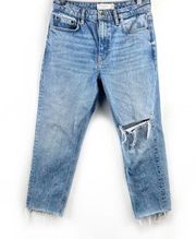 Straight Crop High-Waisted Jeans with Distressed Knee and Raw Hems 28