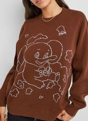 TNA Aritzia Brown Century Elephant Graphic Crew Neck Jacquard-Knit Sweater Sz XS