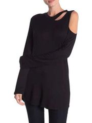 Womens Go Couture Asymmetrical Slash Black Long Sleeve Cold Shoulder Top - Sz M