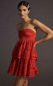 MAEVE x | Strapless Layered Mini Dress Lace Red Orange