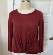 | Brick Red Long Sleeve Twist Hem Thin Sweater