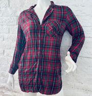 Victoria’s Secret Red & Green Plaid Sleep shirt Nightgown Size M needs a button