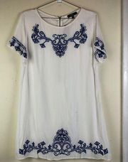 Lulus NWT NEW  Tale to Tell Embroidered Blue White Ivory Shift Lined Dress Tunic