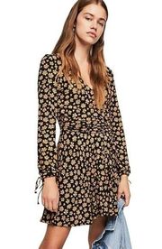 Free People  Dress Pradera Floral Wrap Mini Dress Tie Waist Black Size XS