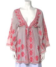 Melissa Obadash Floral V Neck Tunic Cover Up Womens Size Medium Beaded Gray Pink