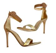 Gianvito Rossi Portofino suede and leather gold blush heels ankle strap Sz 39