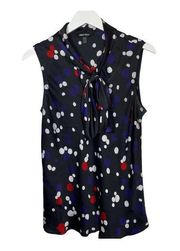 Nine West Navy Blue Sleeveless Blouse White & Red Polka Dot Sz Medium  Bow