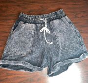 Zenana Mineral Wash Drawstring Cuffed Women’s Shorts BlackBerry Acid Wash-Small