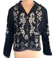 Paparazzi By Biz Jacket Floral Embroidered Black Denim Bohemian Size Small