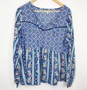 Red Camel Blue Multi-Color Printed Long Sleeve Top Women's Plus Size 1X