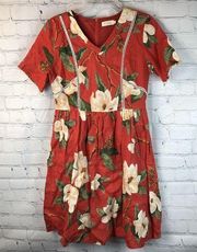 Roole Midi Dress Sz Small Red Linen Lined Short Sleeve Floral Lace Detail Retro