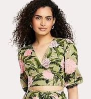 Agua Bendita Wrap Top Crop Blouse Linen Blend Floral Green Pink M NWT