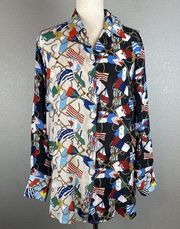 Sandro Paris Womens Louisette Tunic Blouse 1 S Small Multicolor Flag Print Satin