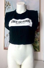 True Religion Black White Logo Cropped Padded Shoulder Muscle T-Shirt Top Small