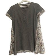 Liberty grey floral short sleeve tshirt front buttons 100% cotton sz M loose fit
