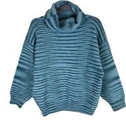Hand Knit Blue Striped Cowl Neck Long Sleeve Chunky Knit Pullover Sweater Sz XL