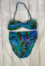 2 piece tropical print hi waisted front twist bikini sz 14 women