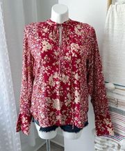Polo Ralph Lauren Red Cream Floral Long Sleeves Tie Neck Pullover Blouse Large