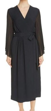 Dries Van Noten Dooley Pleated Long Sleeve Crepe Wrap Dress Black Size 8